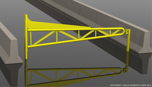 3D rendering of a bright yellow Delta Scientific commercial parking control beam, designed for secure vehicle passage regulation, featuring a robust structure and high-visibility coloration for effective traffic management.