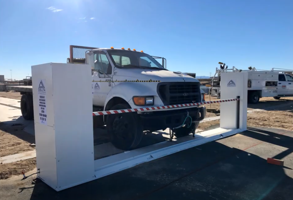 DSC1500 portable beam barrier is crash tested at Delta Scientific Headquarters