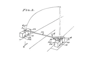 Diagram of a mechanical apparatus with labeled parts, showing a lever system connecting two rectangular blocks by a rod and pivot points.