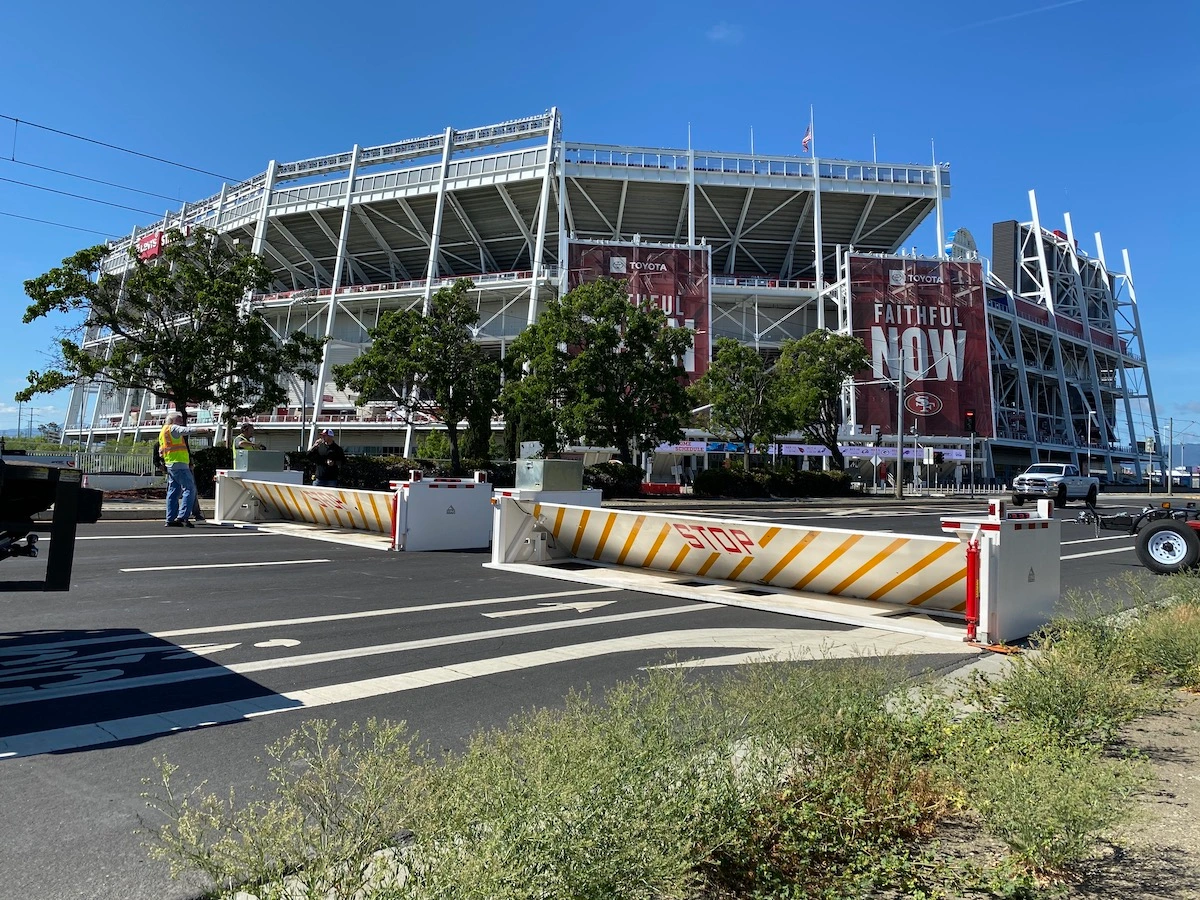 Portable MP500 barrier system installed outside Levi’s Stadium for vehicle access control.
