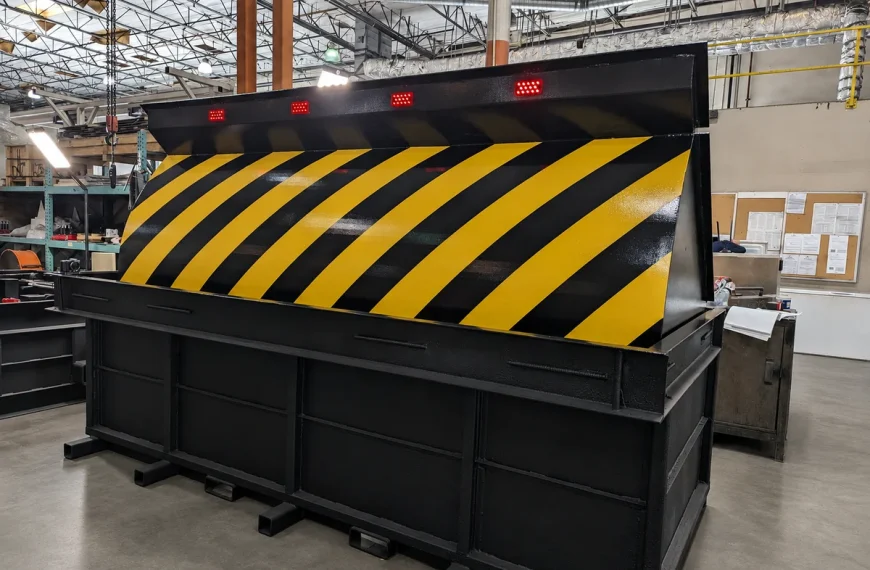 Large industrial Wedge Barricade with yellow and black diagonal stripes and red lights on top, K12 Crash Rated, situated indoors in a warehouse or factory setting.