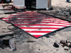 A large, red-and-white striped metal barrier lies on a concrete surface, surrounded by debris and burn marks—evidence of its multiple hit capability in withstanding more than just a second attack.