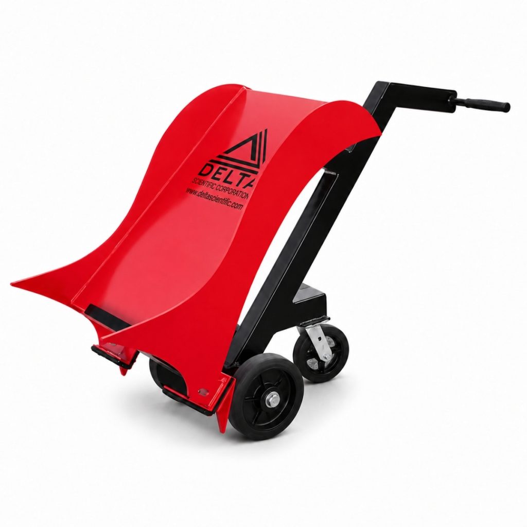 A red and black manual cart with a wide scoop, two large rear wheels, and two small front wheels, the DSC50BR is designed for transporting or dumping materials and meets rigorous ballistic testing standards. Engineered for enhanced safety, it is compliant with UL 752 Levels 9 and 10.