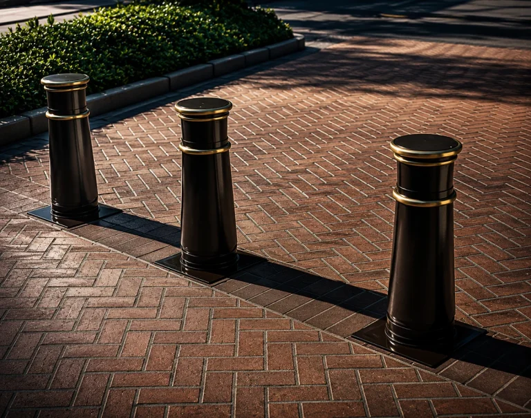 Three black bollards with gold-colored trim stand in a row on a red brick sidewalk as architectural design elements.