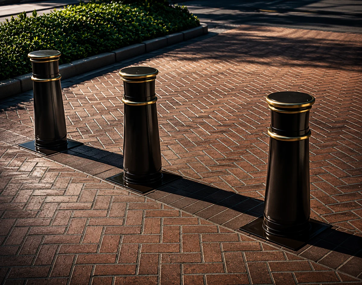 Three black bollards with gold-colored trim stand in a row on a red brick sidewalk as architectural design elements.